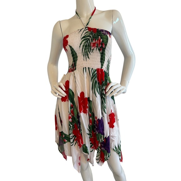 Aloha Fashion Dresses & Skirts - Aloha Fashion Hawaiian Smocked Halter Pixie Dress One Size White Red Floral